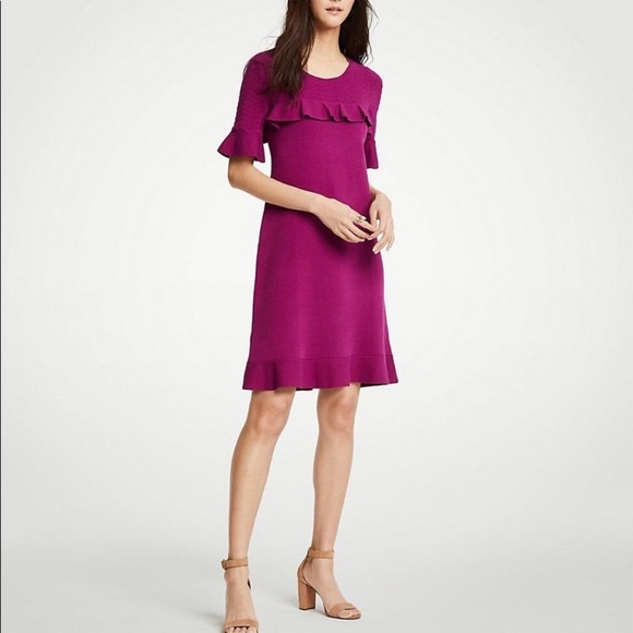 Ann Taylor Ann Taylor Chevron Ruffle Sweater Dress in Black. - Picture 3 of 8